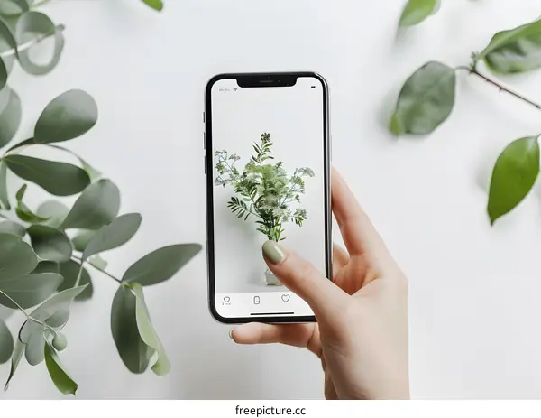 Hand Holding Smartphone with Flower Photograph on Screen