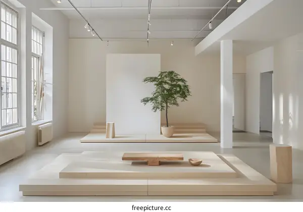 Minimalist Interior Design with Wooden Platforms and a Greenery Plant