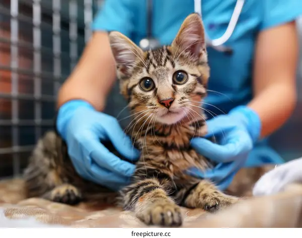 A veterinarian examines a tabby kitten