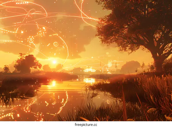 futuristic landscape with glowing particles and a tree