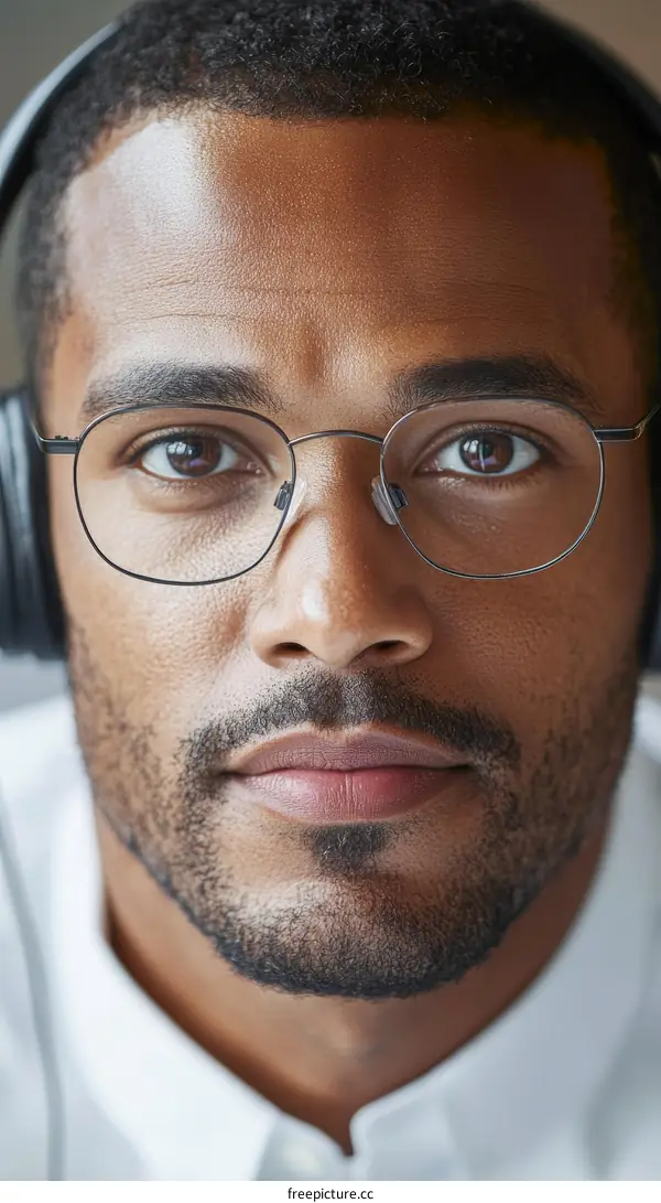 Close Up Portrait of a Man Wearing Headphones and Glasses