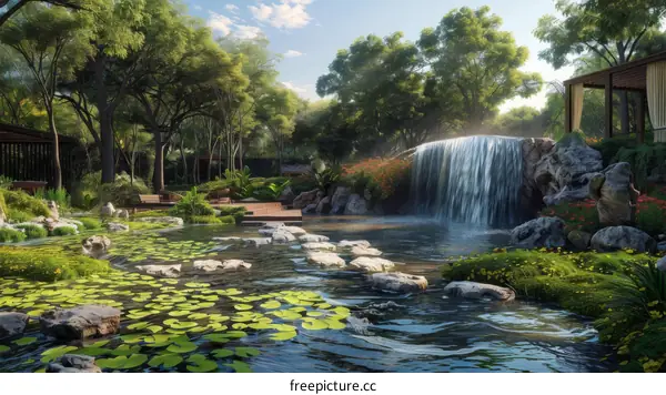 Courtyard Paradise with Waterfall and Lily Pond