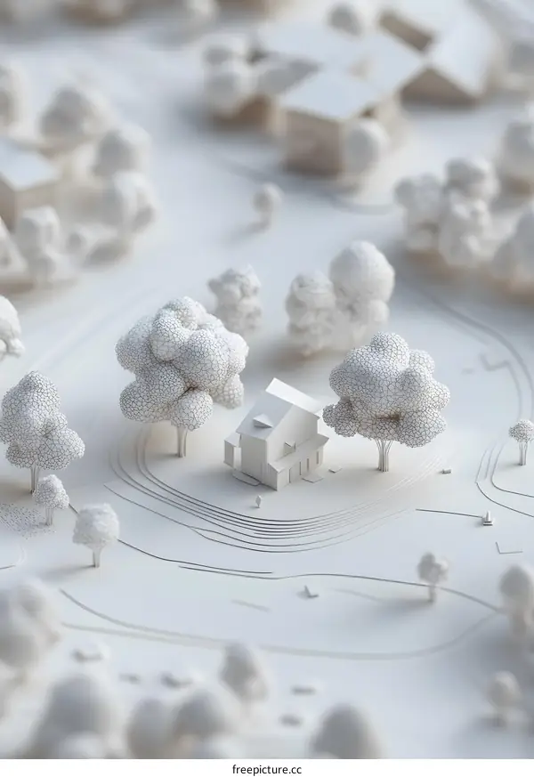 White Papercraft Model of a Small Town with Houses and Trees