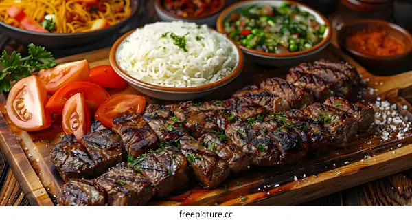 Grilled beef skewers with rice and vegetables