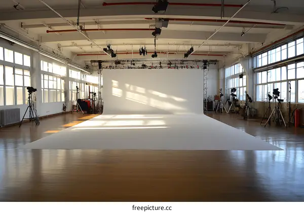 Empty Photography Studio with White Backdrop and Natural Light