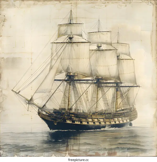 A ship is sailing on the sea with the sails unfurled