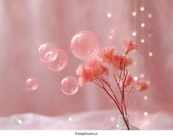 Delicate Pink Bubbles and Flowers in a Pastel Setting