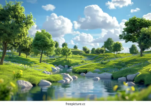 Tranquil River Flowing Through a Picturesque Green Field Under a Blue Sky