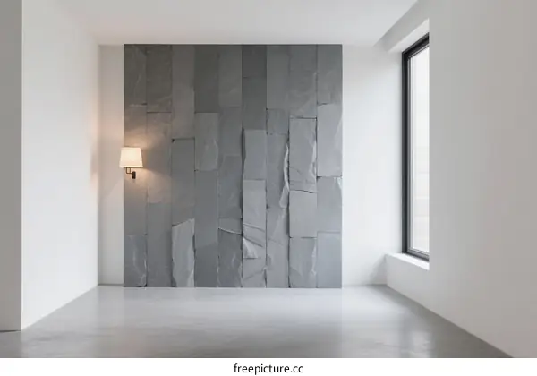 Modern Interior Space with Textured Stone Wall and Large Window