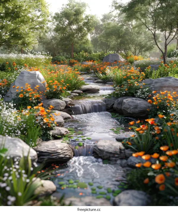 Beautiful Spring Garden Creek Scene Illustration