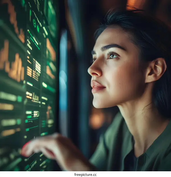 Woman Analyzing Data on a Large Screen