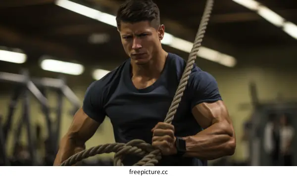 muscular man doing rope exercises in the gym