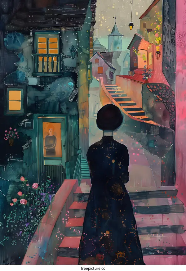 A painting of a woman in a black dress standing on a street with colorful buildings