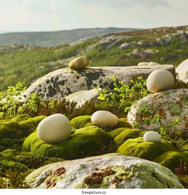 Nature Stones On Green Moss In Mountains