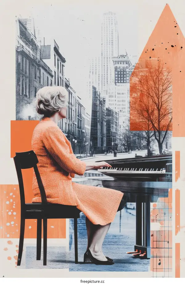 Woman playing piano in a city collage art