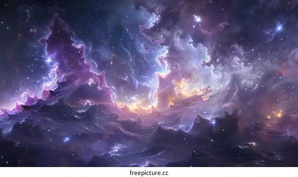 Interstellar space cloudscape with vibrant glowing nebula and stars