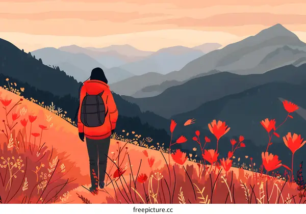 Woman Hiking in Mountain Landscape Illustration