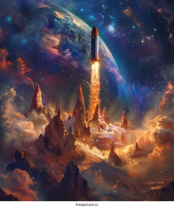 Rocket launch from alien planet into space