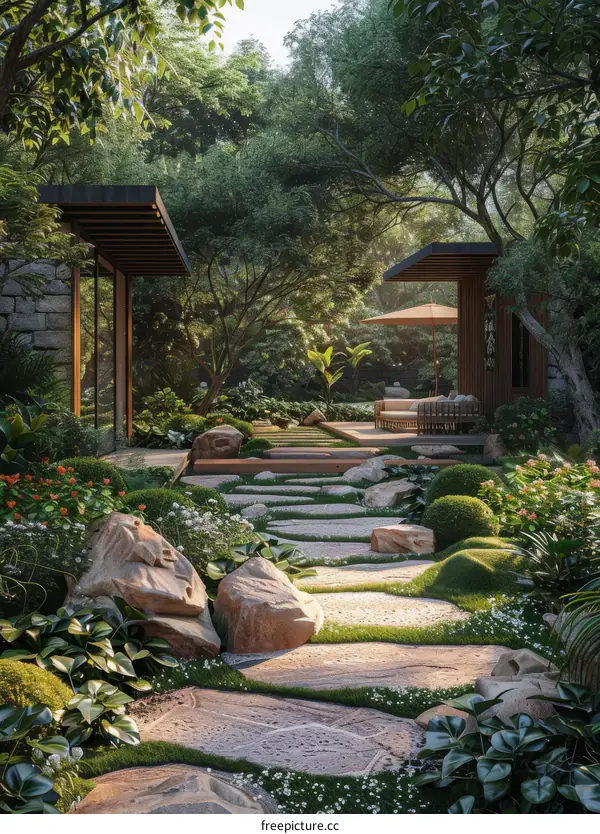 Serene Courtyard with Stepping Stones and Lush Greenery