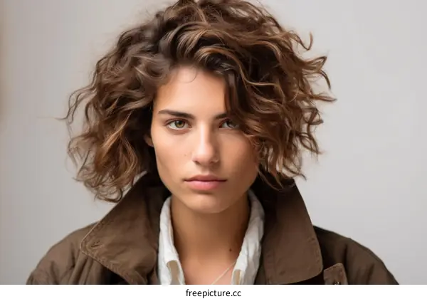 portrait of a young woman with short brown hair wearing a brown jacket