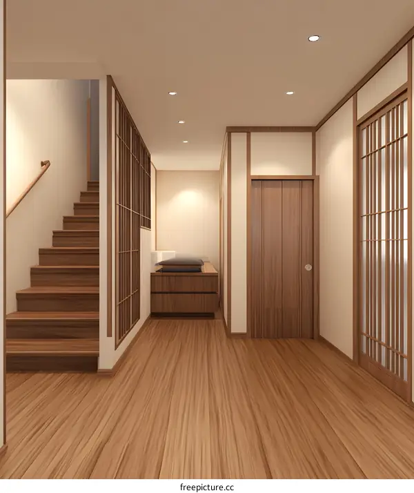 Modern Japanese Style Hallway with Wooden Stairs and Doors