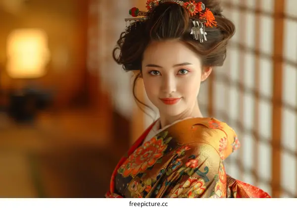 Portrait of a beautiful Japanese woman in traditional kimono