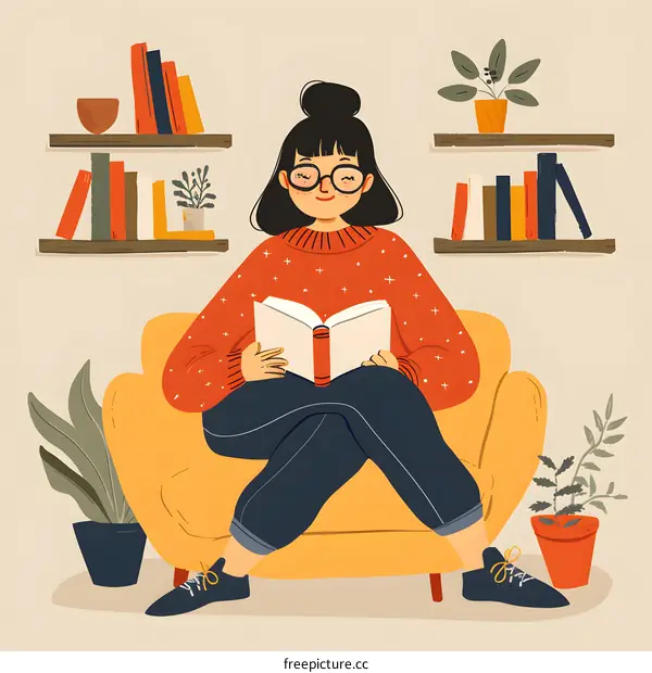 Woman Reading Book In Armchair With Plants Illustration