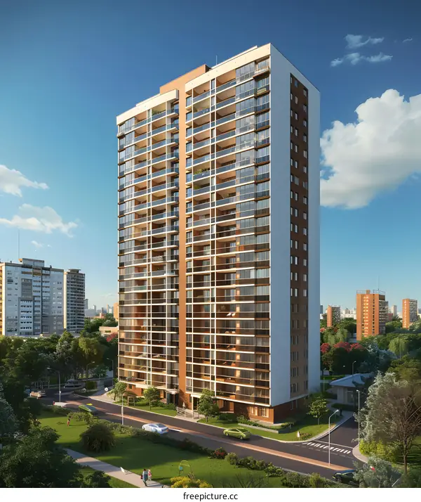 The facade of a residential building with brown brick and white concrete elements.