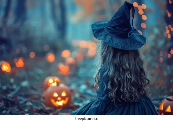 Little Witch Surrounded by Pumpkins in Dark Woods