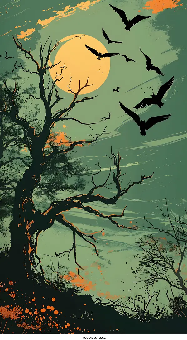 Dark Tree Silhouette with Flying Crows