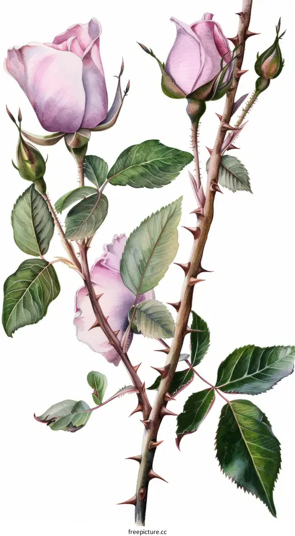 Vintage botanical illustration of a pink rose