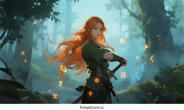 A young red-haired woman wielding a glowing sword in a misty forest