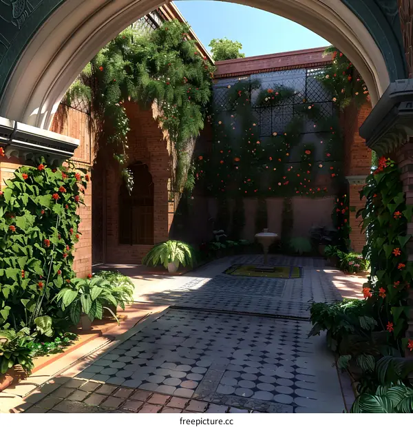 Brick Courtyard with Archway and Lush Greenery