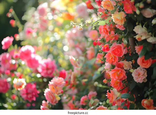 Blooming Pink and Peach Roses in the Garden