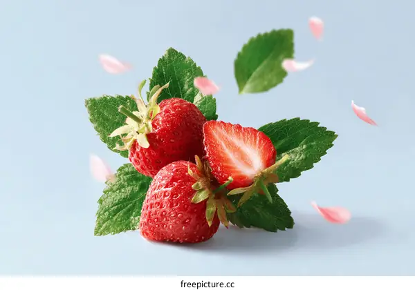 Fresh Strawberries with Leaves and Petals