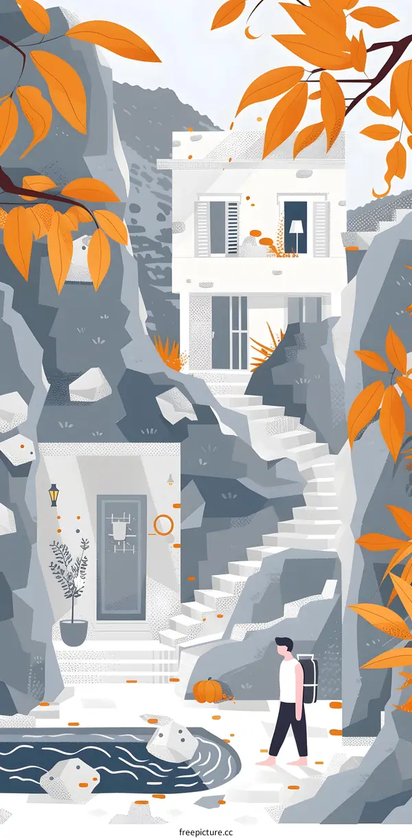 Man Walking Past White House in Rocky Landscape