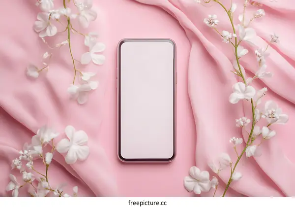 White Flowers Pink Background Mockup Phone