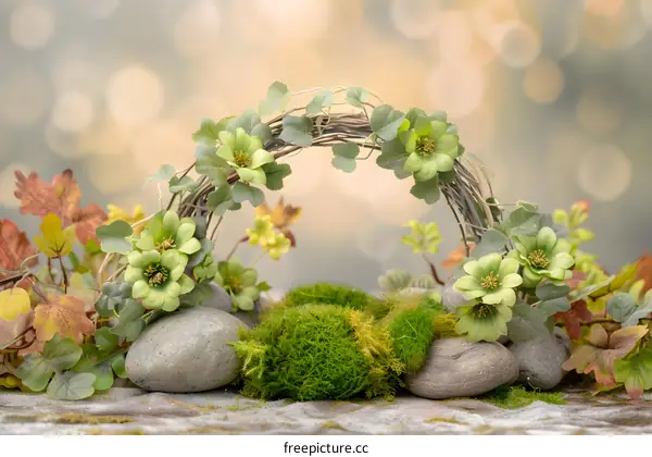 Green Flower Arch with Moss and Stones