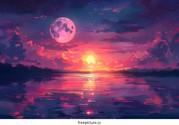 fantasy landscape sunset lake moon night sky