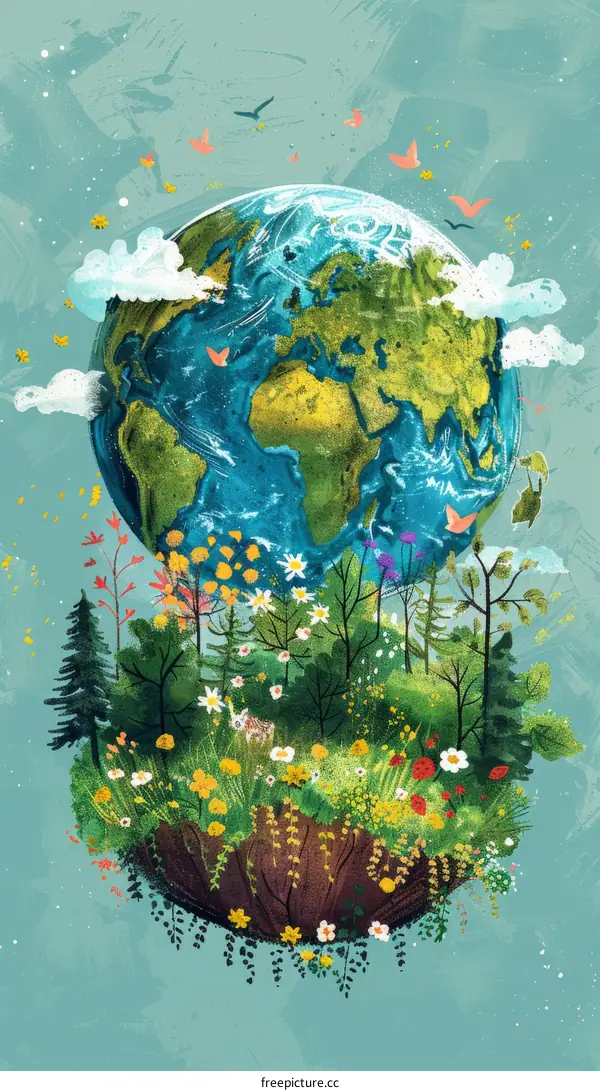 Vibrant Earth Illustration with Flowers and Trees