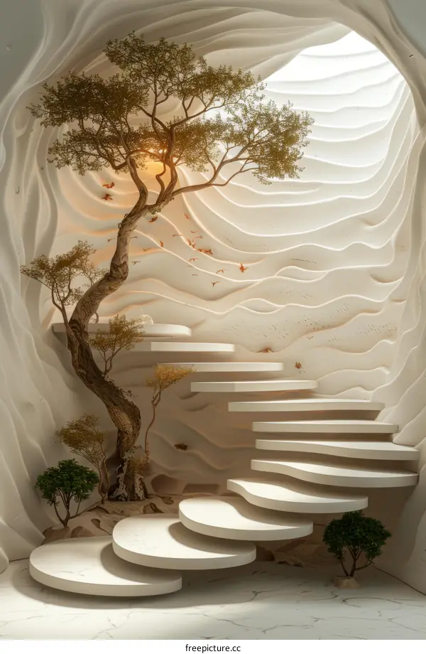 Abstract Architectural Spiral Staircase with a Tree