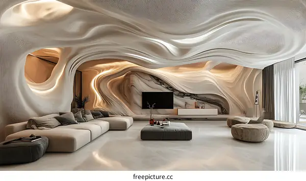 Abstract Modern Living Room Design with Sculptural Walls