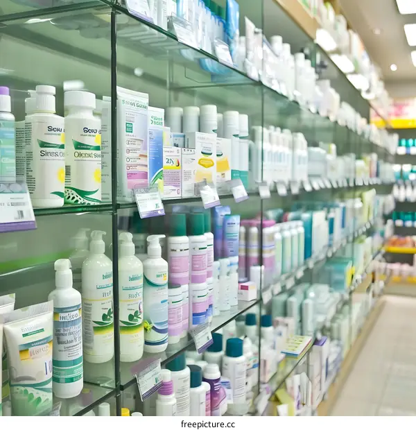 Shelves Of Various Health And Beauty Products In A Pharmacy Store