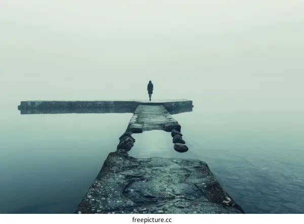 A lone figure stands on a pier surrounded by a dense fog