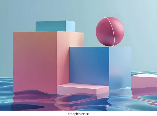 Abstract 3D Render of Pink and Blue Cubes with a Sphere on Top in Water
