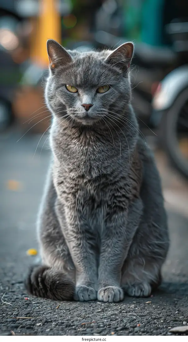 A gray cat is sitting on the ground looking at the camera