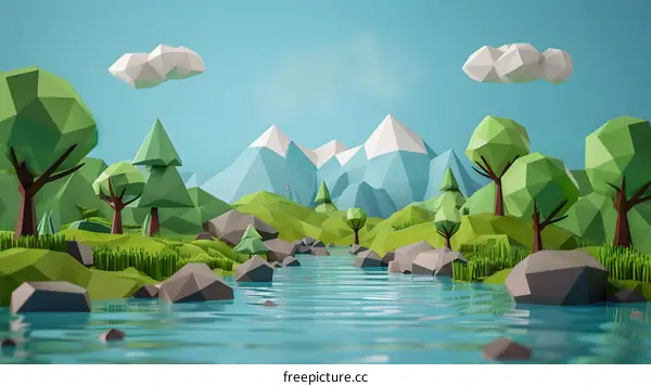 Low Poly Mountain Landscape With River
