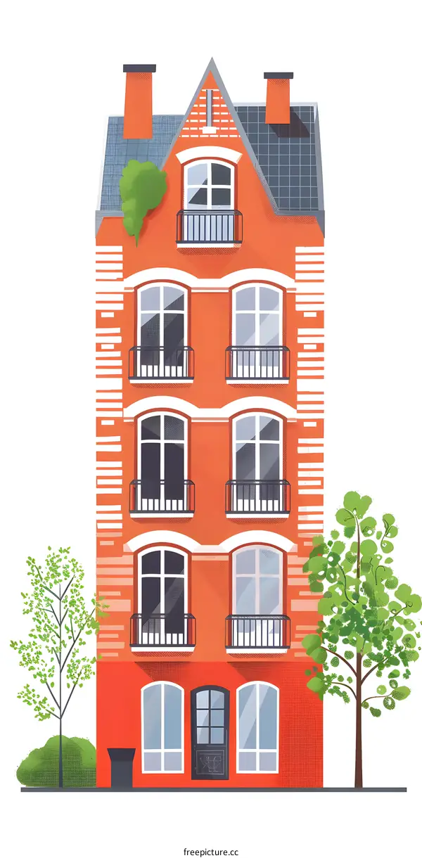 Red Brick Building with Green Trees Illustration