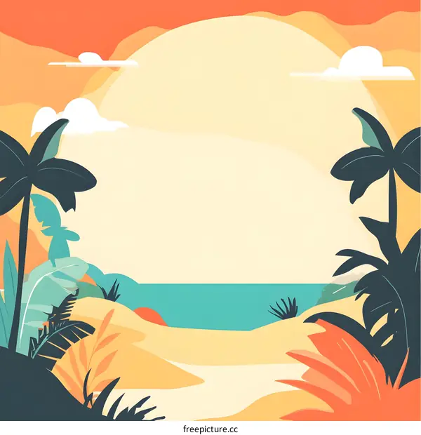 Tropical Beach Sunset with Palm Trees and Ocean Landscape Illustration