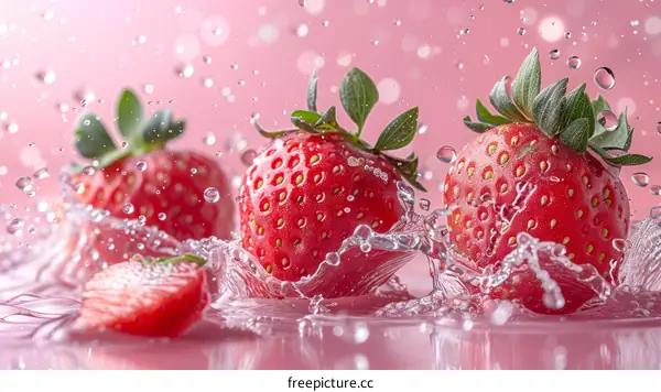 Sweet Red Strawberries with Water Splash on Pink Background